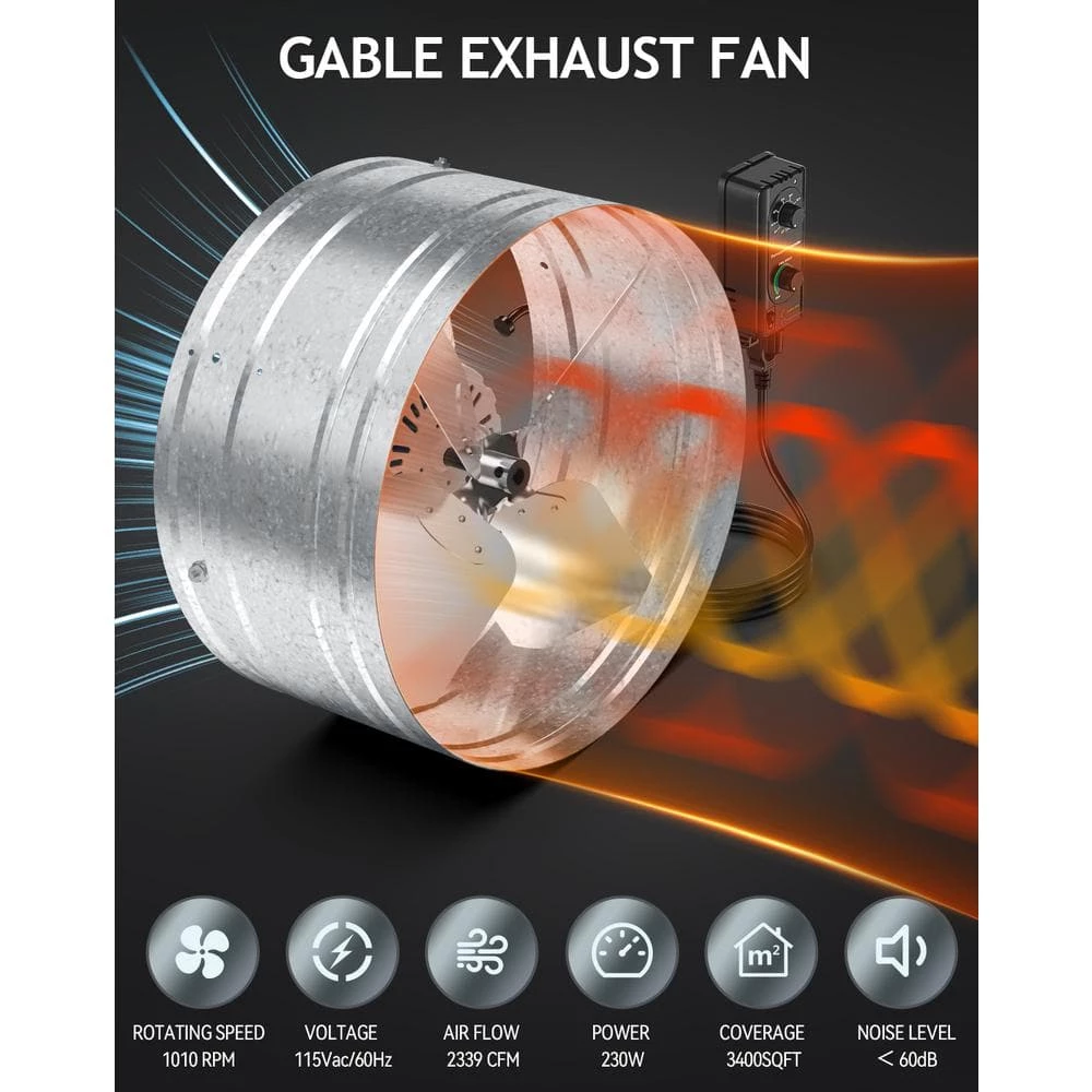 ILIVING 2339 CFM, 120-Volt Variable-Speed Electric Exhaust Gable Fan with Thermospeed Controller, Silver - Image 2