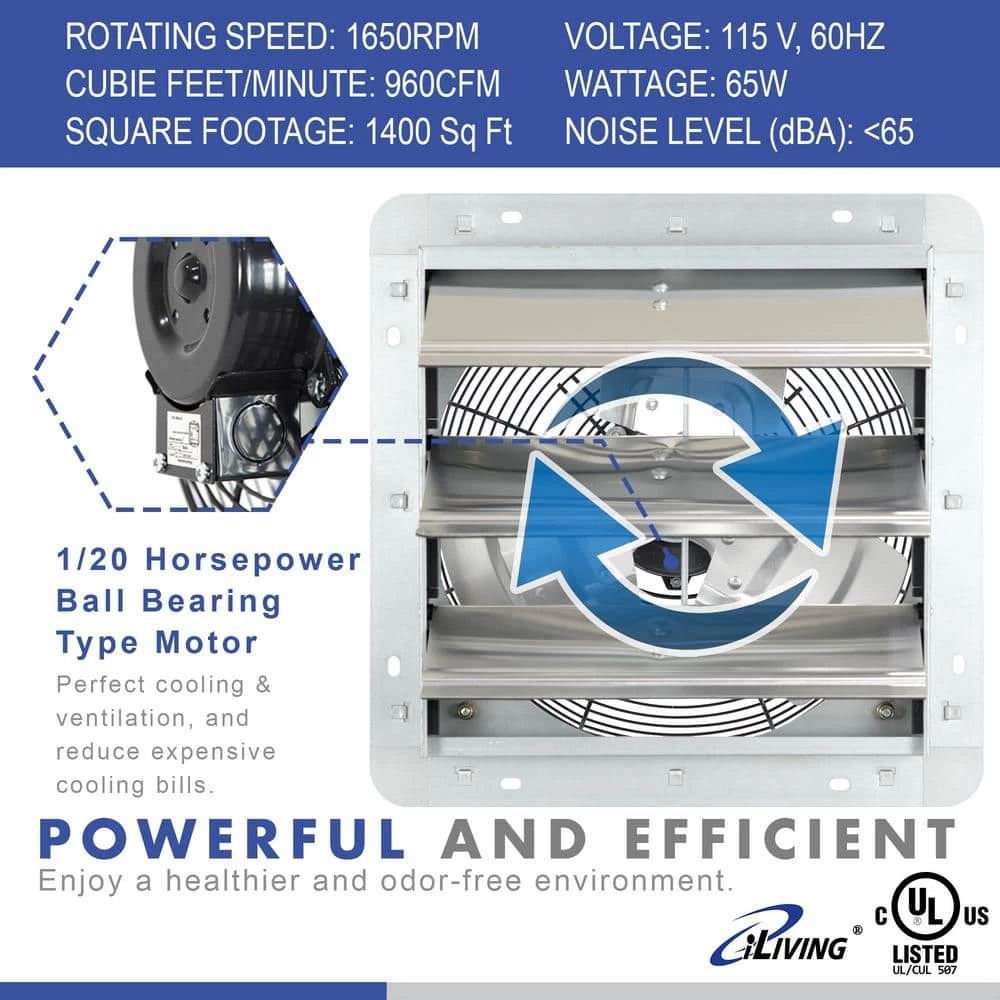 ILIVING 12 in. Shutter Exhaust Fan with Thermospeed Controller, 65-Watt, 960 CFM - Image 2