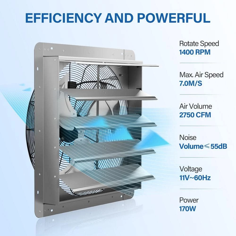 Tidoin 24 in. Silver Shutter Exhaust Fan Aluminum High Speed 1400 RPM, 2750 CFM (1-Pack) - Image 4