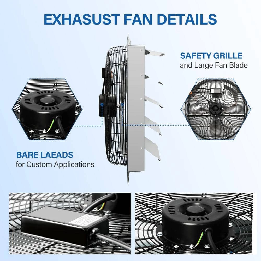 Tidoin 24 in. Silver Shutter Exhaust Fan Aluminum High Speed 1400 RPM, 2750 CFM (1-Pack) - Image 7